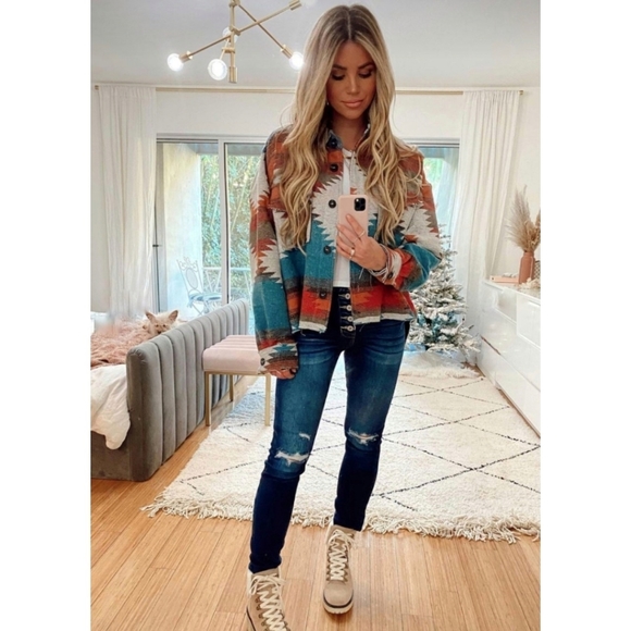 New Aztec Distressed Flannel Jacket Coat Shacket Button Up Top Blue Red - Picture 2 of 13